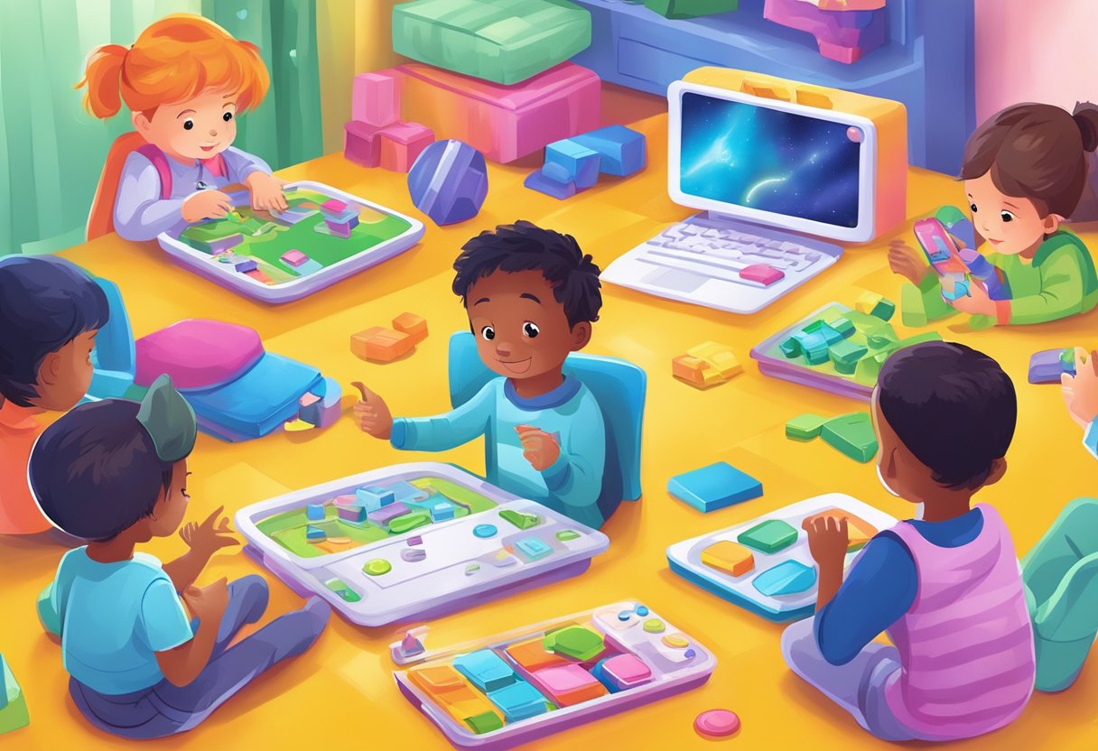 Children playing with electronic educational toys, engaging with interactive features and learning through play. Bright colors and engaging designs capture their attention