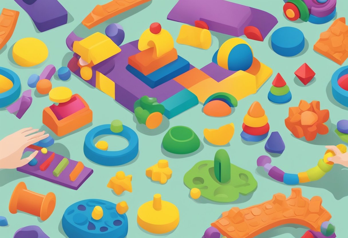 Colorful sensory toys scattered on a play mat, with various textures and shapes. A child's hand reaching out to explore