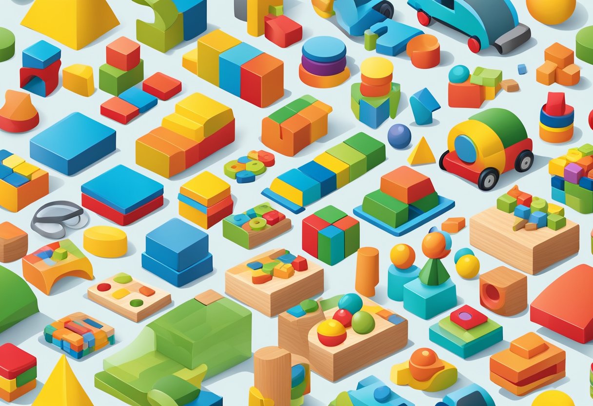 A colorful array of educational toys from different decades, including wooden blocks, puzzles, electronic gadgets, and interactive learning games
