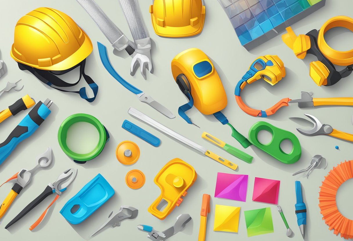A table with safety gear, tools, and colorful materials for DIY sensory toys