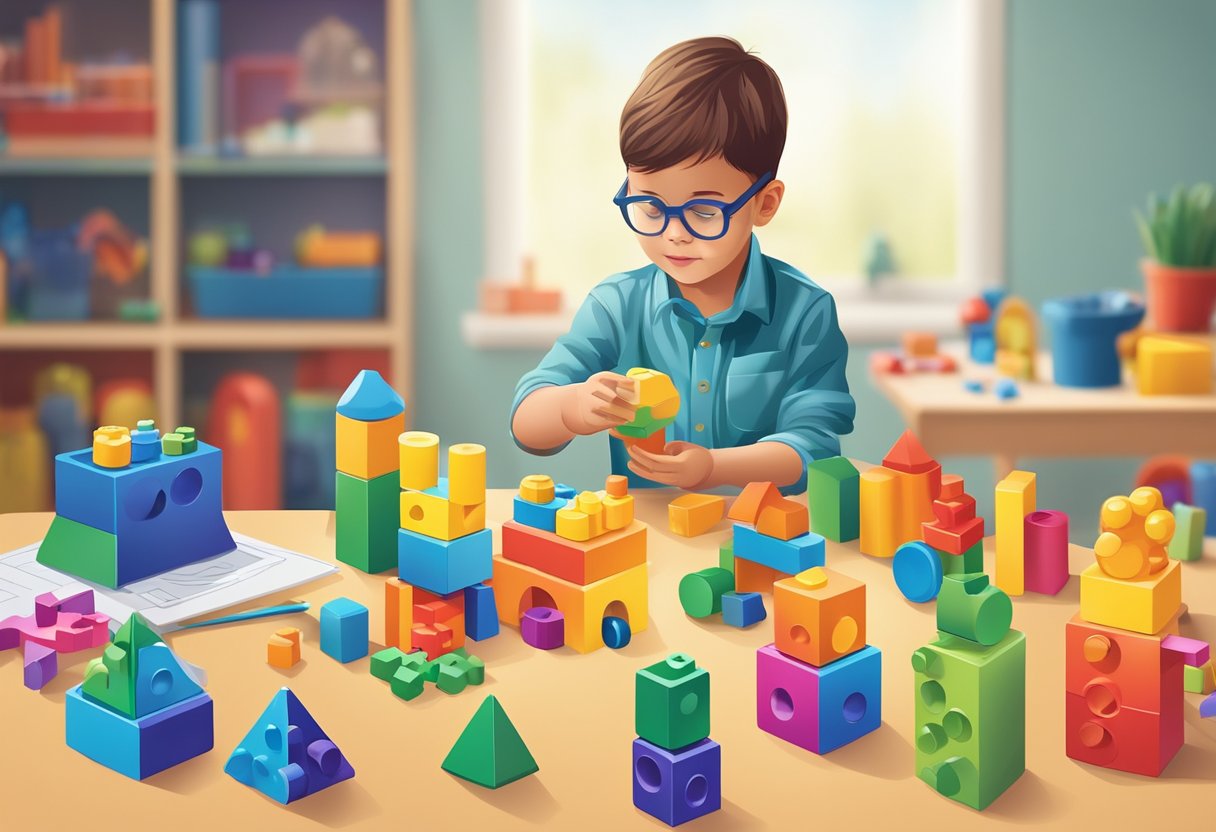 Colorful STEM toys arranged on a table, including building blocks, puzzles, and science kits. A young child eagerly explores and plays with the educational toys, fostering scientific thinking and early learning