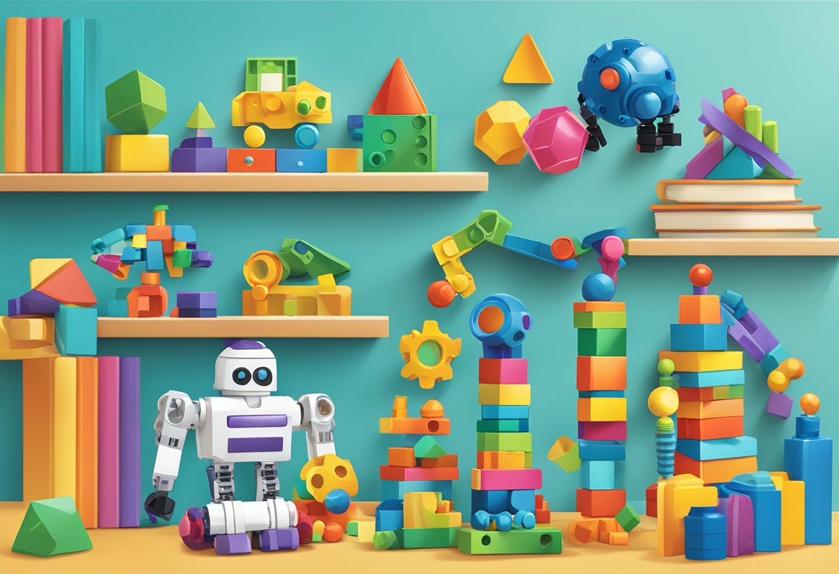 Colorful STEM toys arranged on a table, including building blocks, robotic kits, and science experiment sets. A book with the title "Choosing the Right STEM Toy Top Picks" is placed next to them