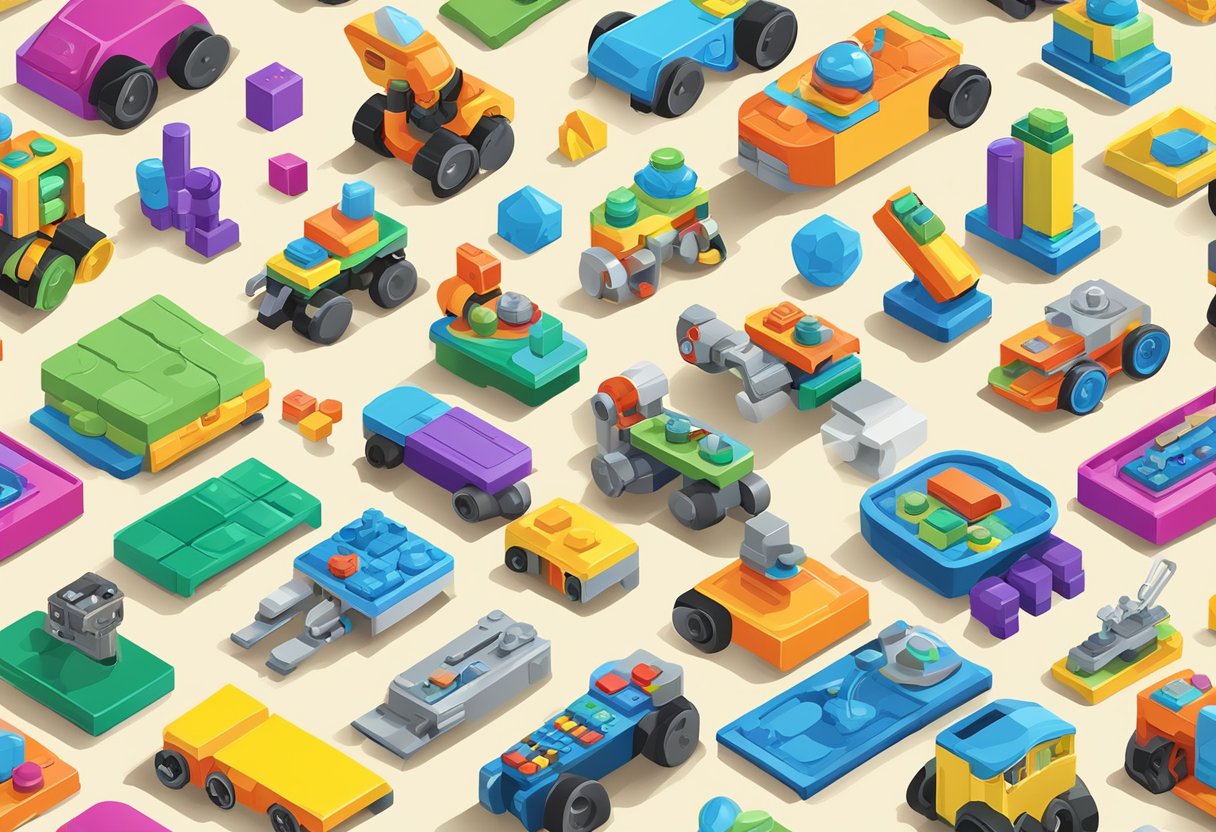 A colorful array of STEM toys arranged on a table, including building blocks, robotics kits, and science experiment sets