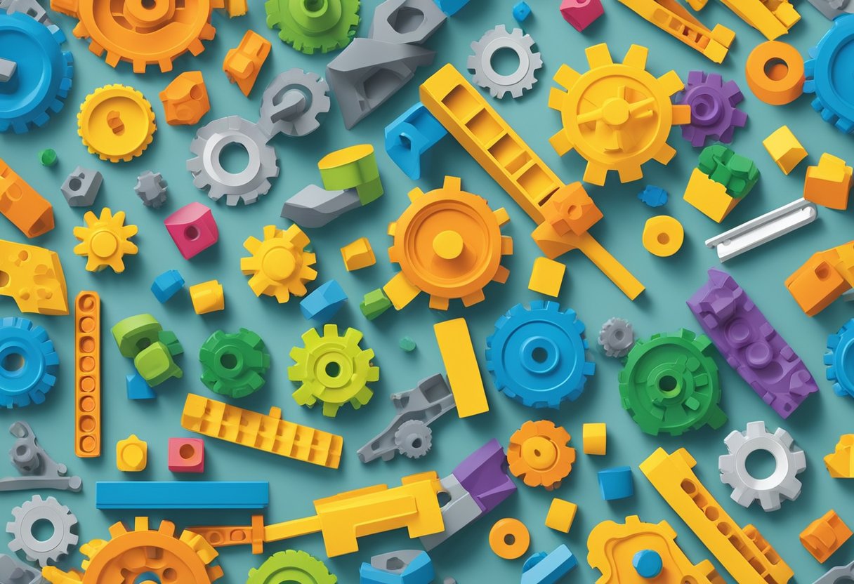 Assorted building and construction toys arranged on a table. Blocks, gears, and connectors. Bright colors and various shapes. STEM-themed packaging in the background