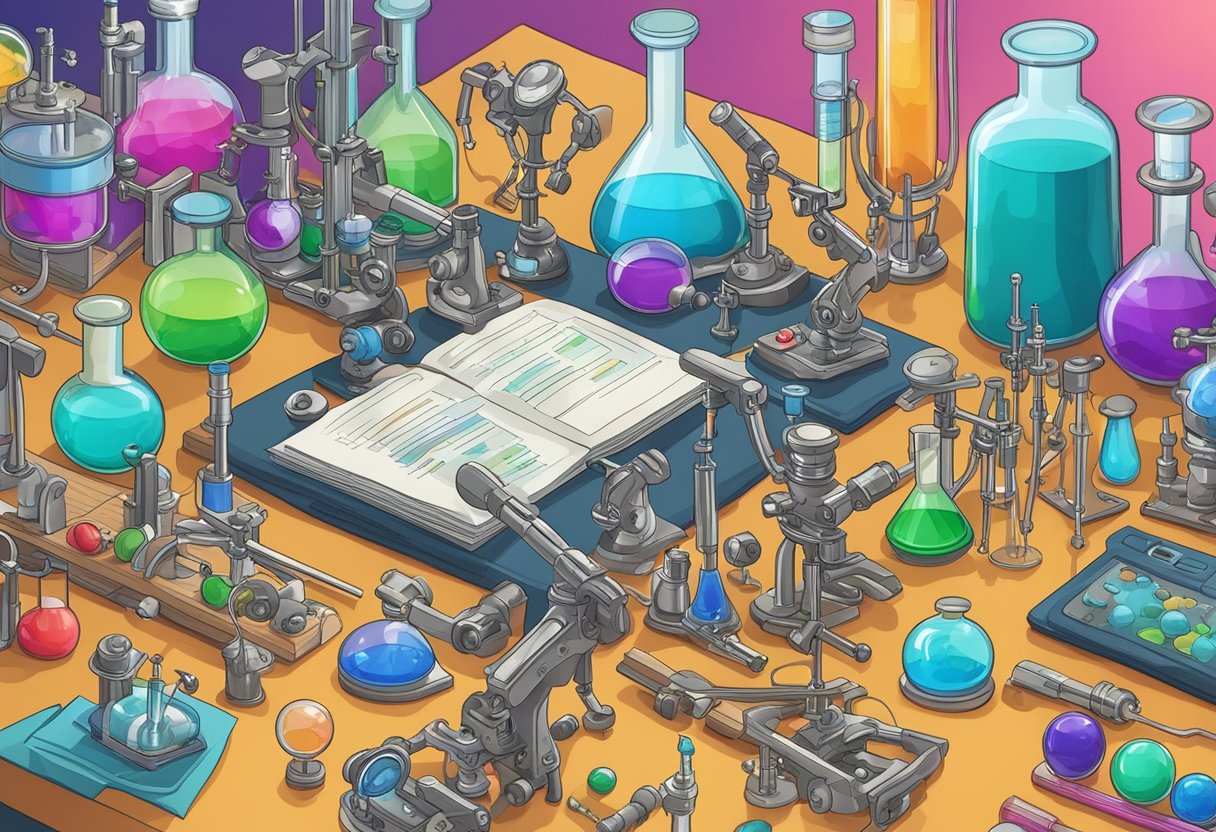 A table filled with colorful science and lab toys, including microscopes, beakers, test tubes, and model skeletons, all arranged to encourage scientific thinking