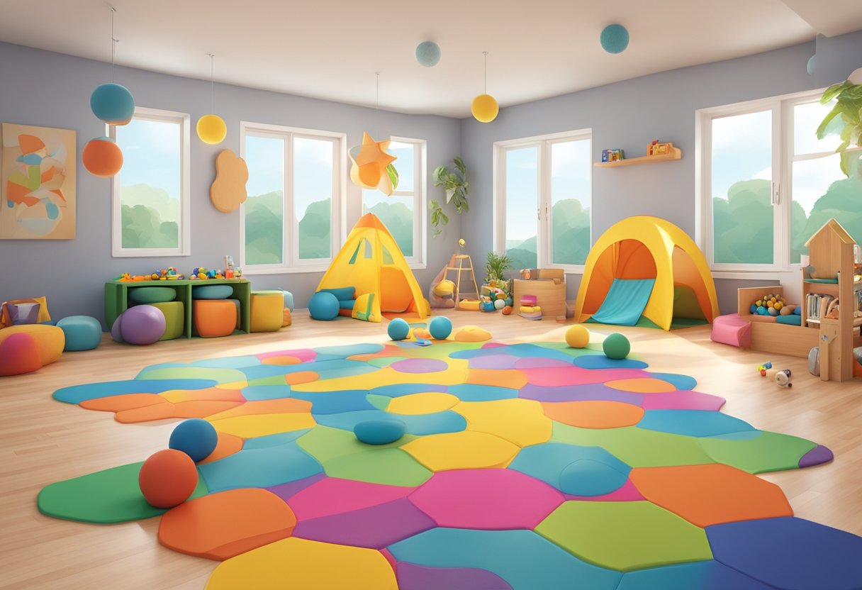 Using Sensory Toys to Support Emotional Regulation in Children: A Practical Guide Sensory Toys LearningMole Children's play area with soft, textured flooring. Brightly colored sensory toys like squishy balls, fidget spinners, and tactile puzzles are scattered around. A cozy, enclosed space with weighted blankets and calming music