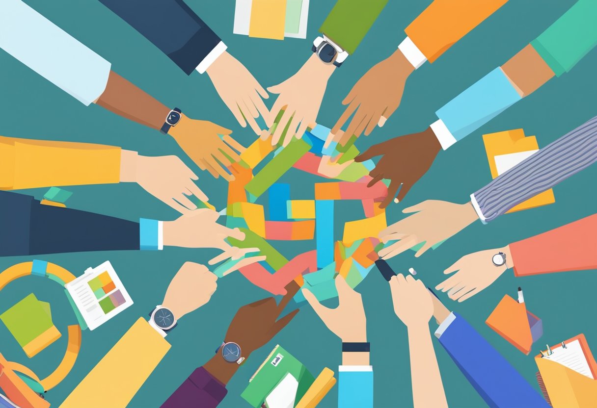 A group of diverse objects come together, intertwining and sharing digital resources, symbolizing the importance of collaboration in education