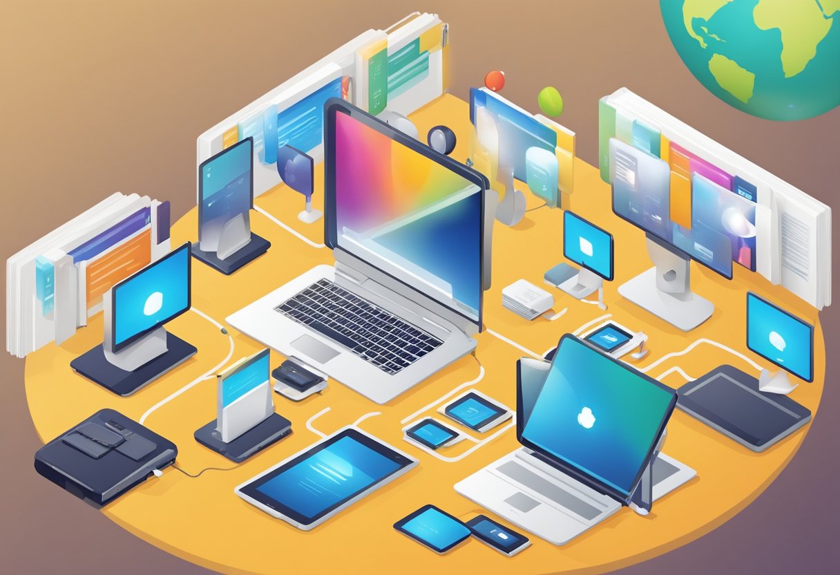 Various digital devices connect to a central library hub, exchanging information and resources. Books and digital media are shared and accessed by multiple users