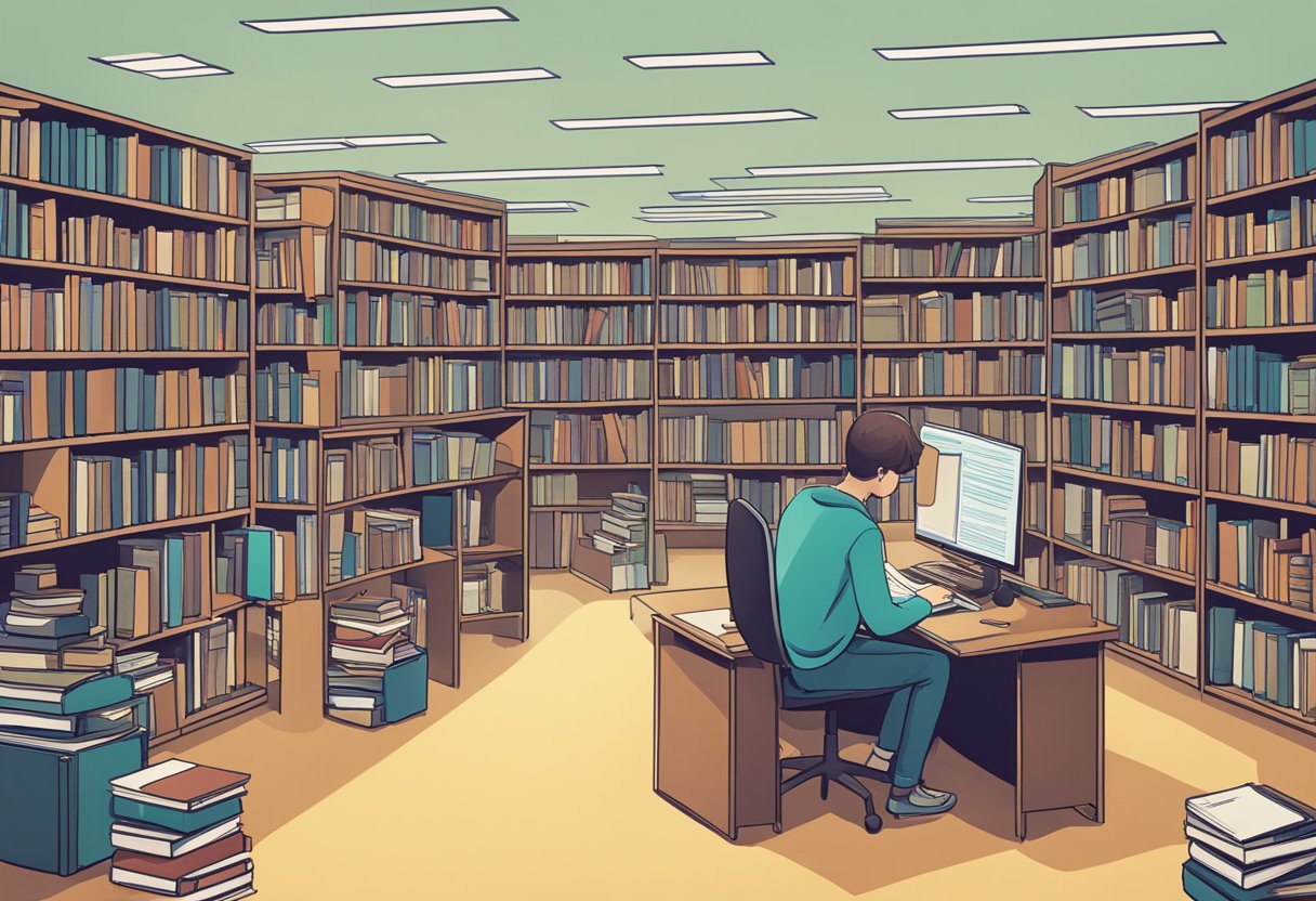 Teaching Critical Thinking Skills Through Digital Libraries: Enhancing Student Engagement Critical Thinking Skills,Digital Libraries LearningMole A person browsing a digital library, surrounded by books, computers, and research materials, engaging in critical thinking and evaluation