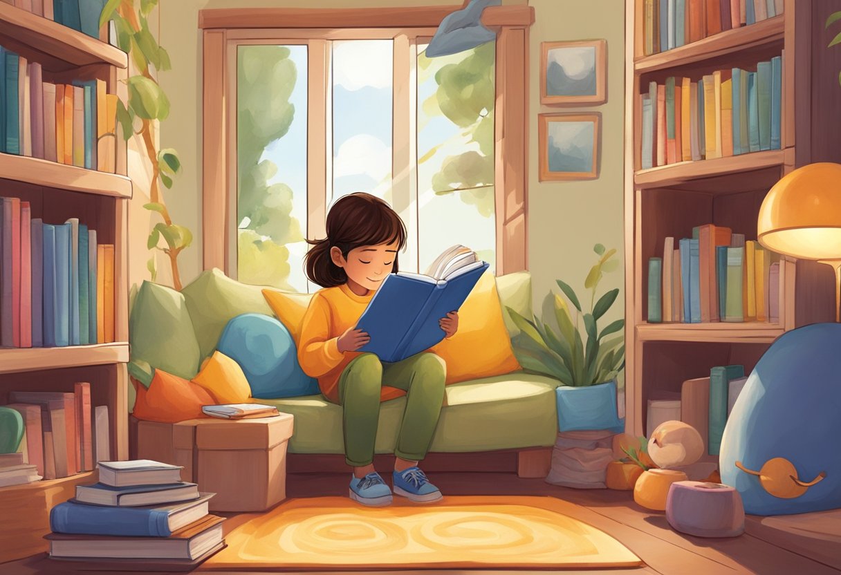 A child sits in a cozy reading nook, engrossed in an interactive e-book on a tablet. The colorful illustrations and engaging activities captivate the child's attention, sparking a love for reading