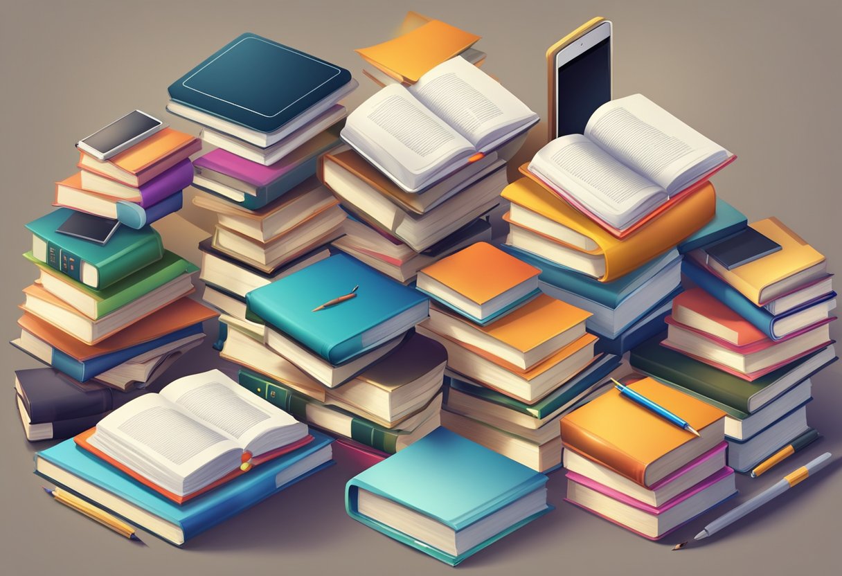 A stack of e-books and print books side by side, with a digital tablet and a physical book open, surrounded by various learning materials and study tools