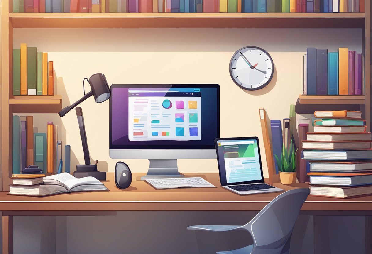 A desk with a laptop, tablet, and smartphone displaying various study apps. A bookshelf filled with textbooks and notebooks. A clock showing a focused study session