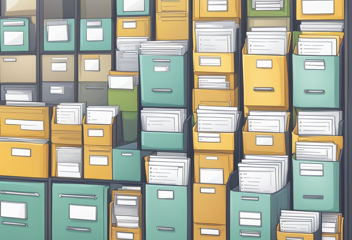 Digital files organized in labeled folders, with clear file naming conventions. Content curated with metadata tags for easy search and retrieval