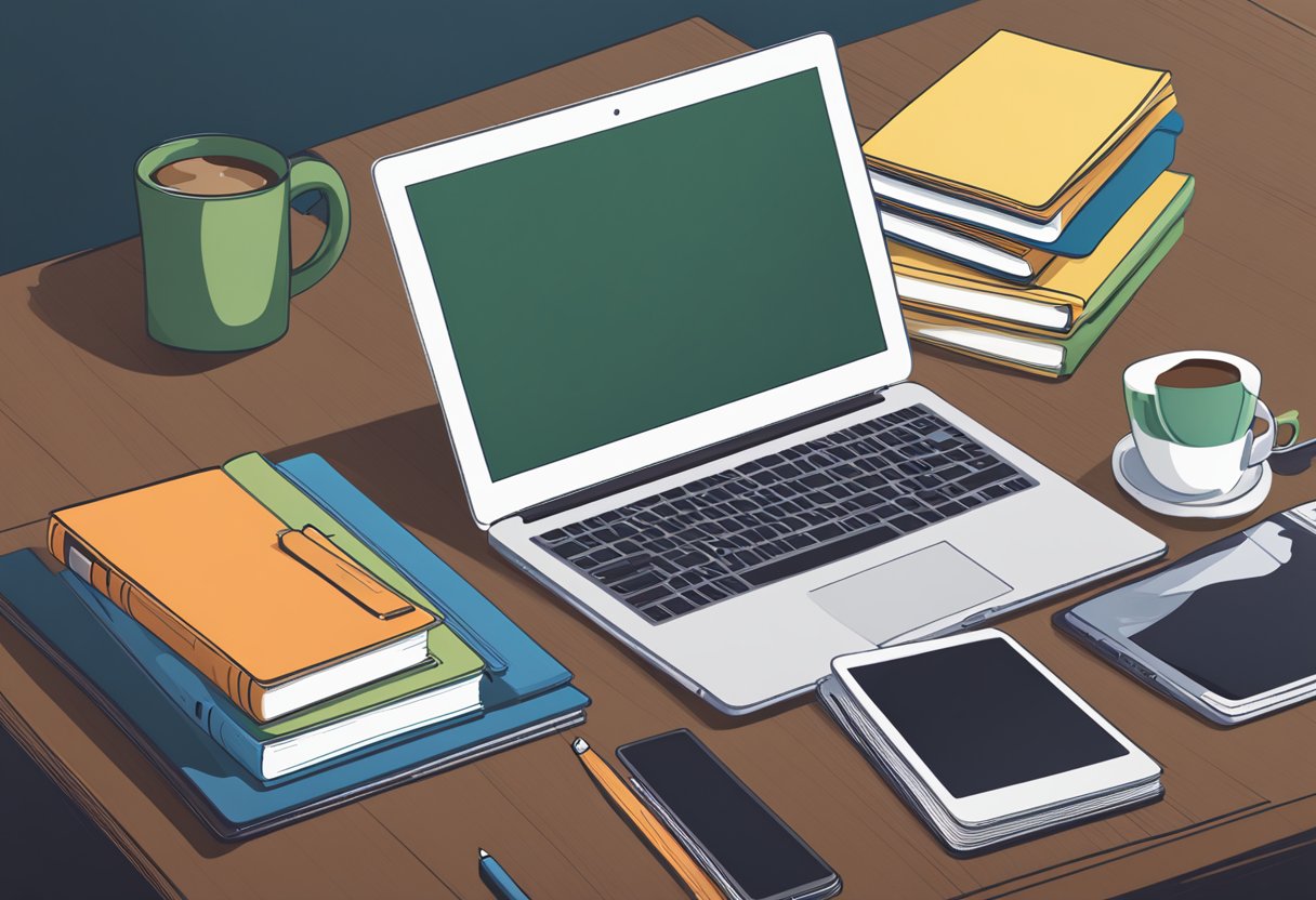 A desk with a laptop, tablet, and a stack of e-books. A cup of coffee sits nearby. A chalkboard in the background displays educational icons