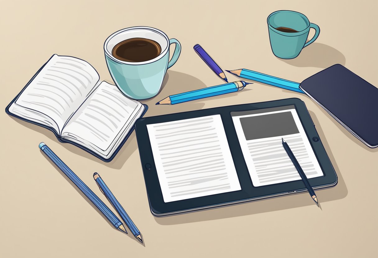 A stack of e-books sits on a digital tablet, surrounded by a pencil, notebook, and a cup of coffee. The tablet's screen displays educational content