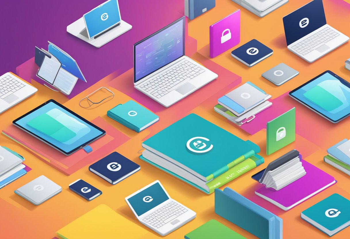 A stack of essential e-books with a digital lock symbol, surrounded by open laptops and tablets
