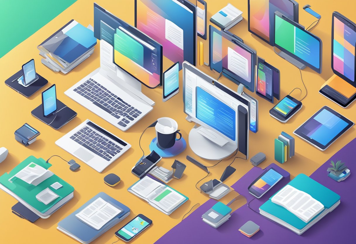 A group of digital devices surrounded by e-books, with collaborative tools visible on the screens