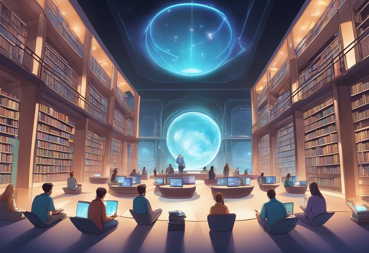 The Role of Digital Libraries in Cultivating Passionate Readers Digital Libraries LearningMole A futuristic library with holographic books and interactive displays, surrounded by people immersed in digital reading experiences