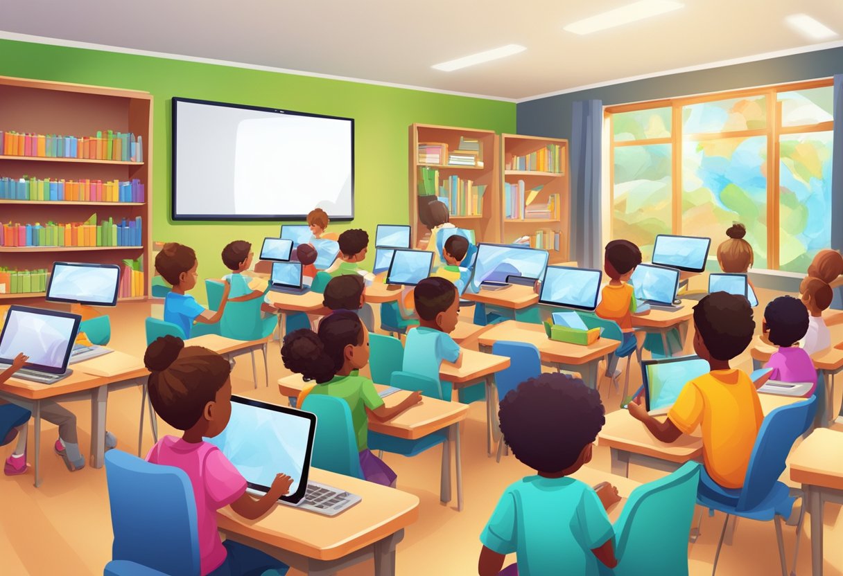 Exploring the Benefits of E-books in Enhancing Young Learners' Experience E-books LearningMole A classroom setting with children engaged in interactive learning using e-books on tablets and computers, surrounded by colorful educational materials and technology