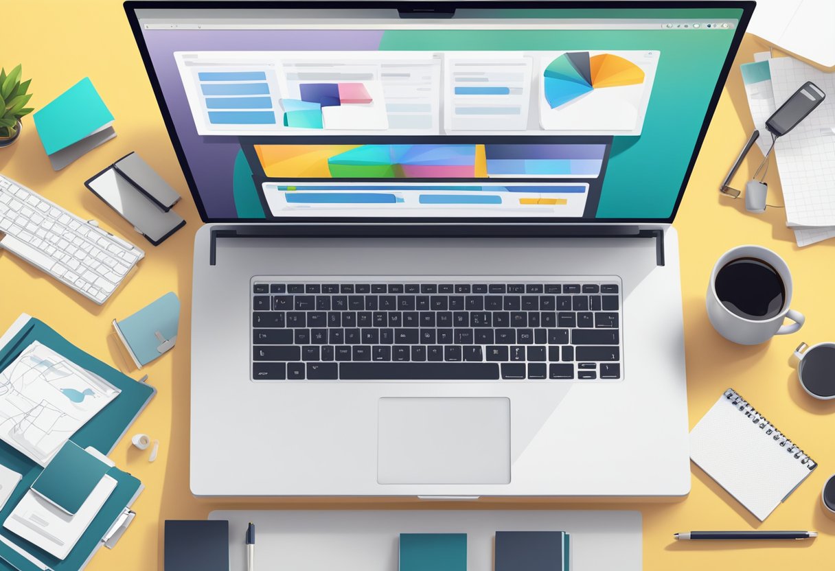 A laptop displaying digital portfolios, surrounded by various digital devices and educational materials