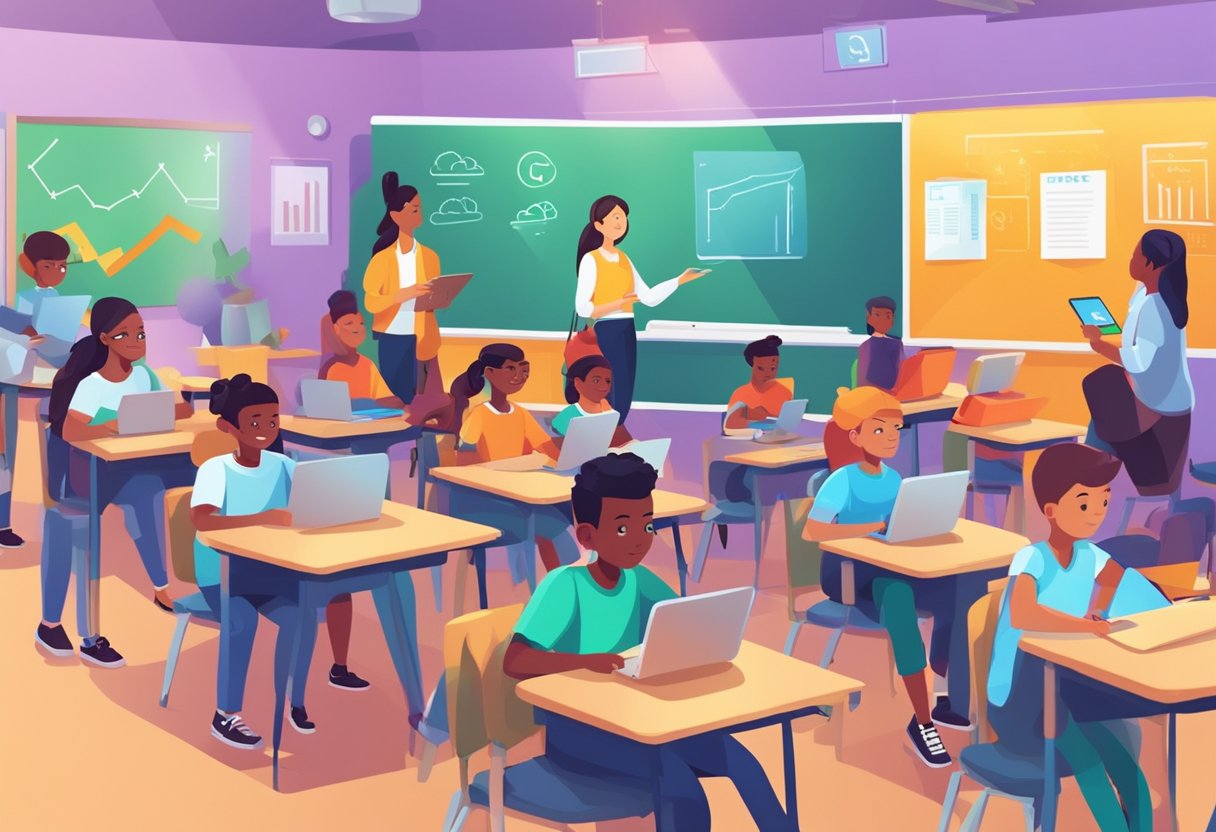 Digital Portfolios in Elementary Schools: The Gateway to Young Tech Whizzes digital portfolios LearningMole A classroom with young students using tablets and laptops to create digital portfolios. Teacher guiding students in tech skills. Colorful and engaging environment