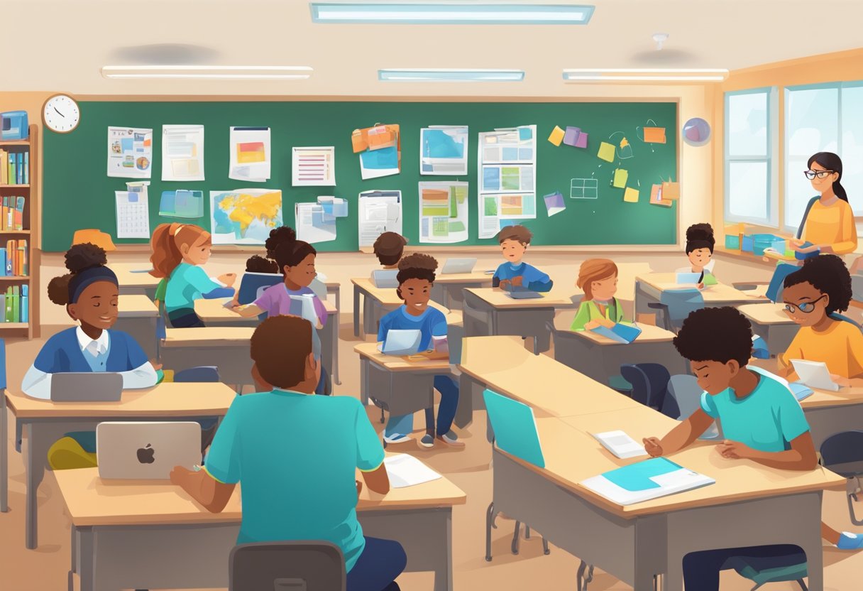 Digital Portfolios in Elementary Schools: The Gateway to Young Tech Whizzes digital portfolios LearningMole A classroom setting with young students using digital devices, engaged in creating and organizing their digital portfolios. Various tech tools and resources are visible on desks and shelves