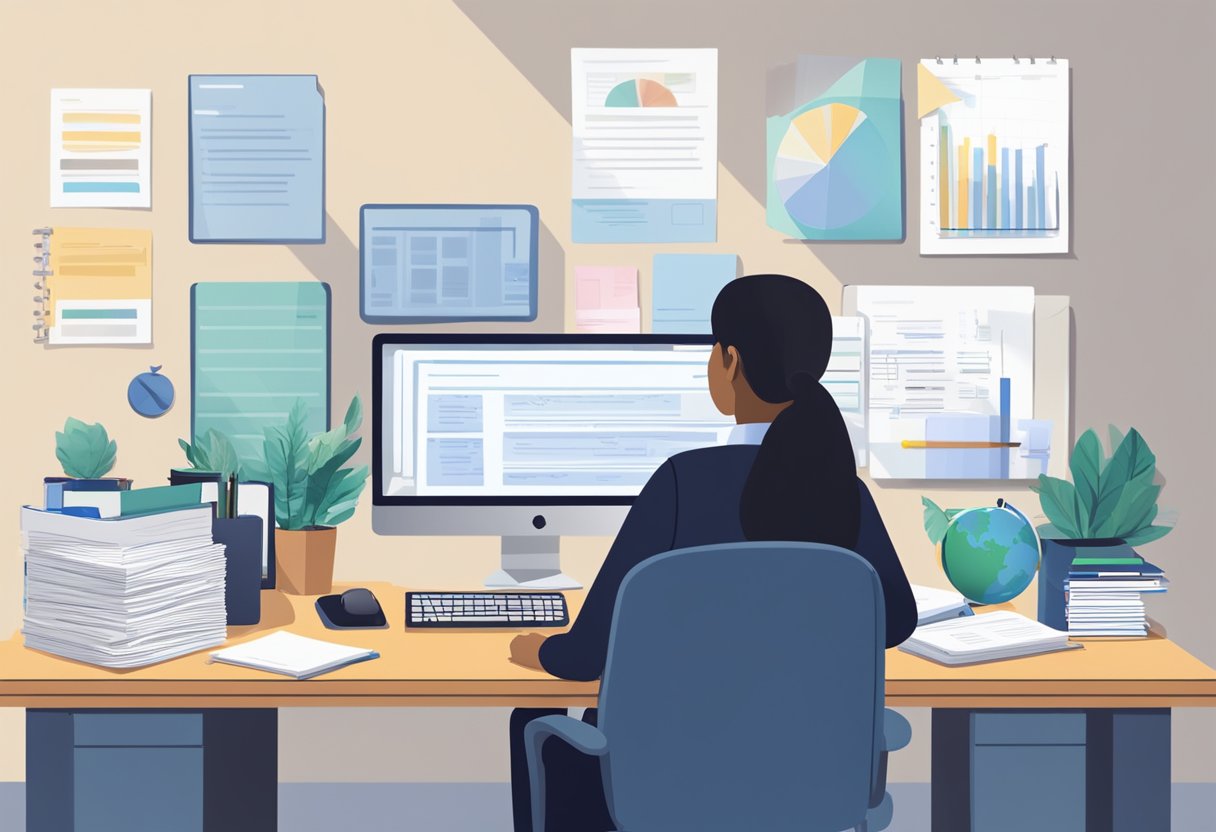 Enhancing Professional Development Through Teacher Digital Portfolios: A Guide to Building Your Skills Online digital portfolio LearningMole A teacher sits at a desk, organizing digital files and documents. A computer screen displays a digital portfolio showcasing professional development achievements