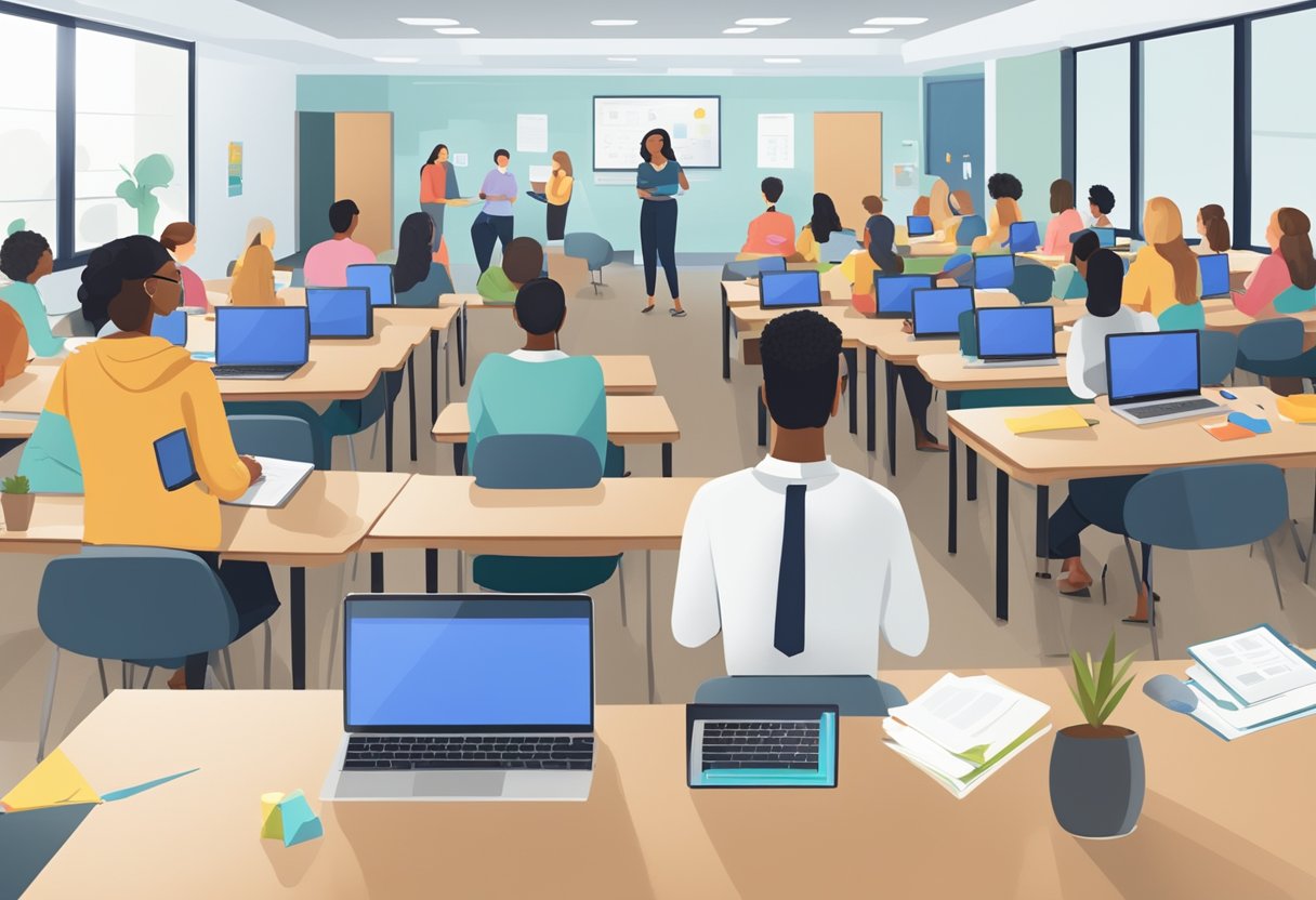 Enhancing Professional Development Through Teacher Digital Portfolios: A Guide to Building Your Skills Online digital portfolio LearningMole A classroom filled with teachers engaged in digital portfolio training, supported by school policies and system-level resources