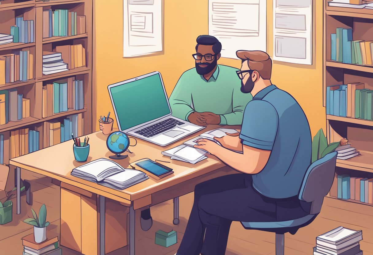 Parent-Teacher Collaboration Using Educational Software: Enhancing Student Success Educational Softwar,Parent-Teacher Collaboration LearningMole A parent and teacher collaborate using educational software, surrounded by academic resources