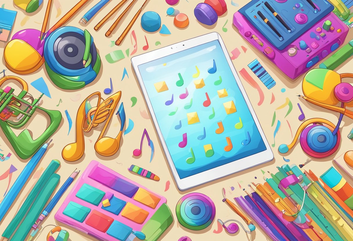 Creative Arts Apps for Kids: Unleash Imagination with Digital Tools Creative arts apps,Digital Tool,Imagination,Kids LearningMole A child's tablet displays colorful music notes and sound waves, surrounded by various art supplies and musical instruments