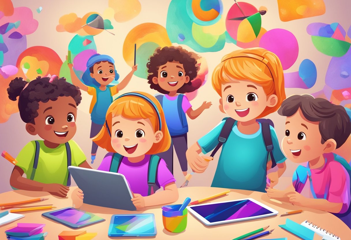 Creative Arts Apps for Kids: Unleash Imagination with Digital Tools Creative arts apps,Digital Tool,Imagination,Kids LearningMole A group of children using tablets and drawing tools, surrounded by colorful and imaginative artwork. The children are engaged and excited, showcasing the benefits of creative arts apps for kids