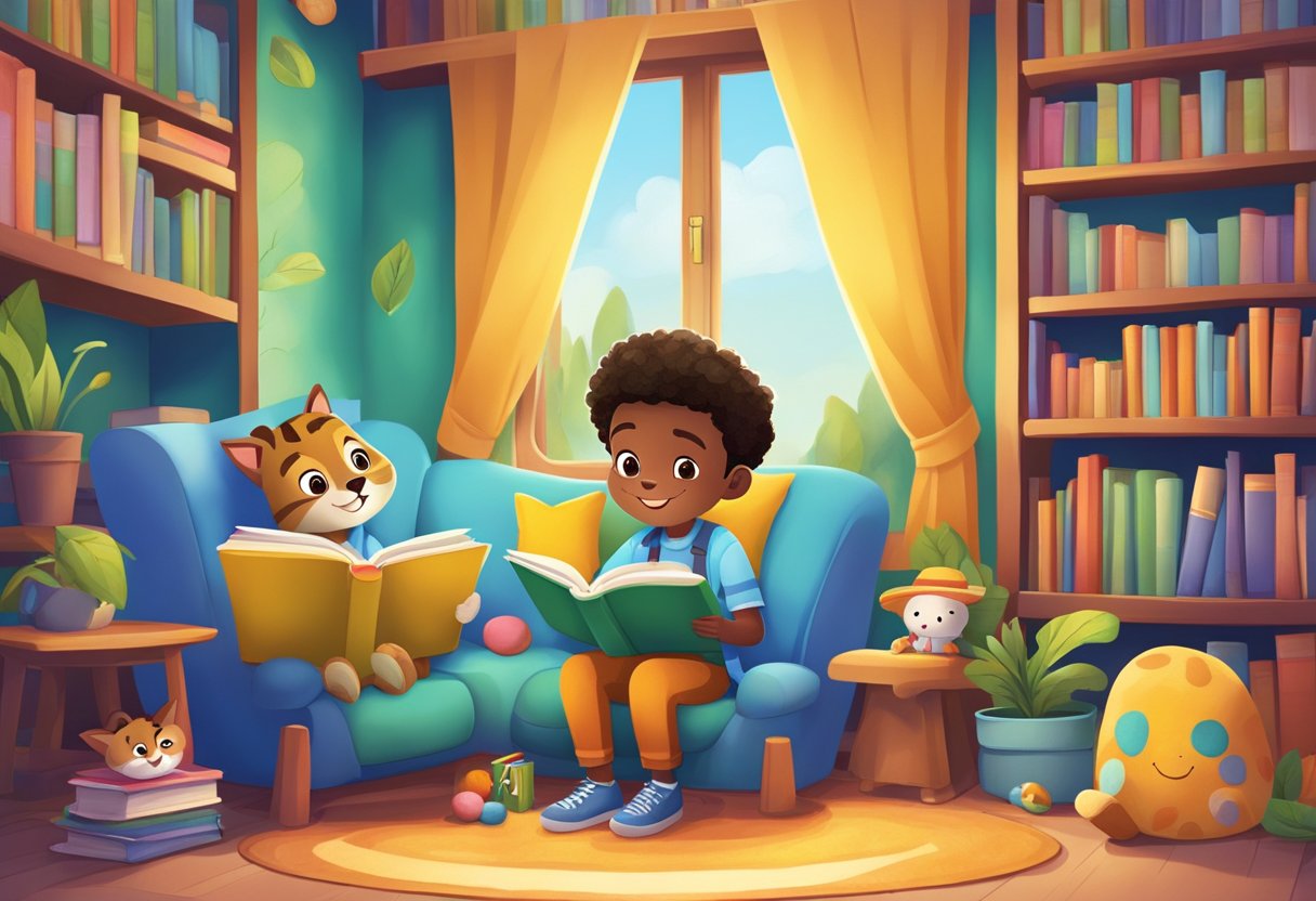A colorful array of interactive book apps surrounds a Literacy reading nook, with animated characters and engaging stories to captivate young readers