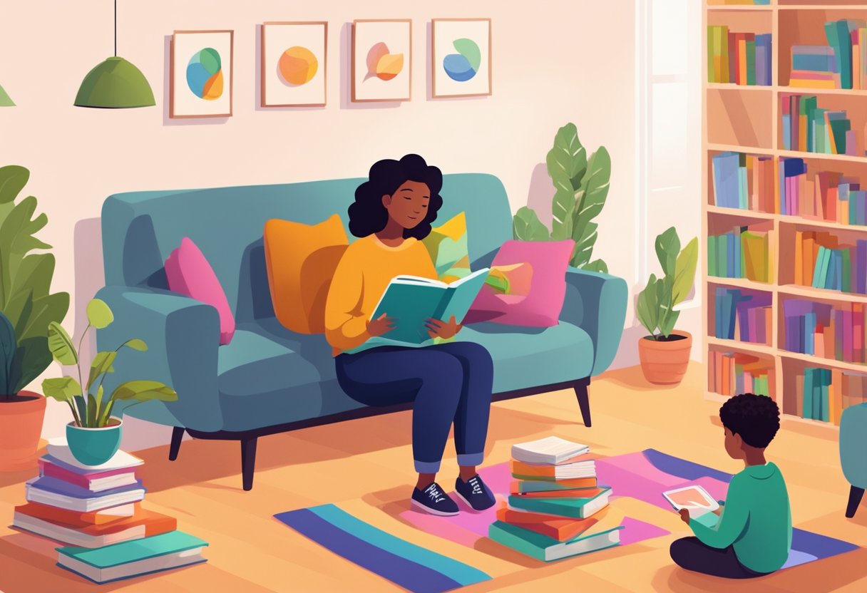 A cozy living room with shelves of colorful children's books. A parent sits with a child, reading from a tablet with literacy apps
