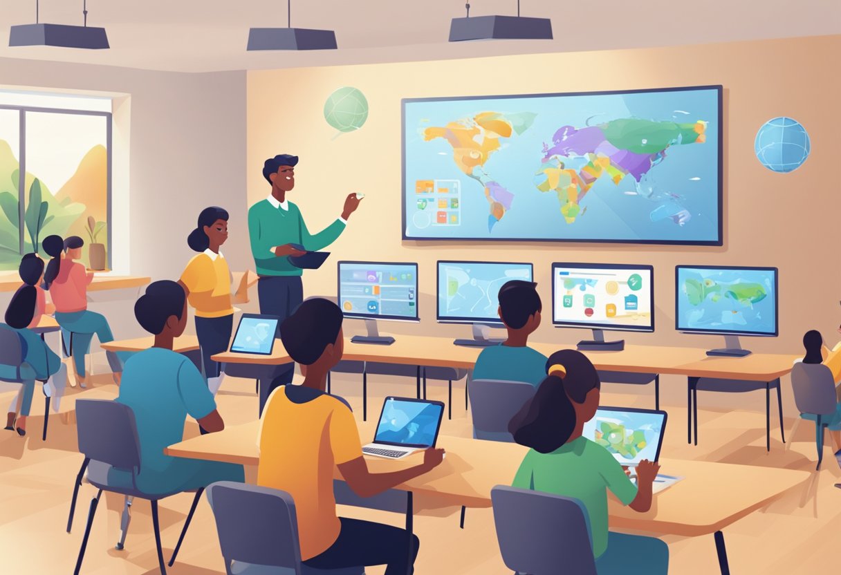 The Benefits of Game-Based Learning Apps in Education: Enhancing Engagement and Understanding Game-Based Learning Apps LearningMole A classroom setting with students engaged in interactive game-based learning apps on their devices, while a teacher observes and assesses their learning outcomes