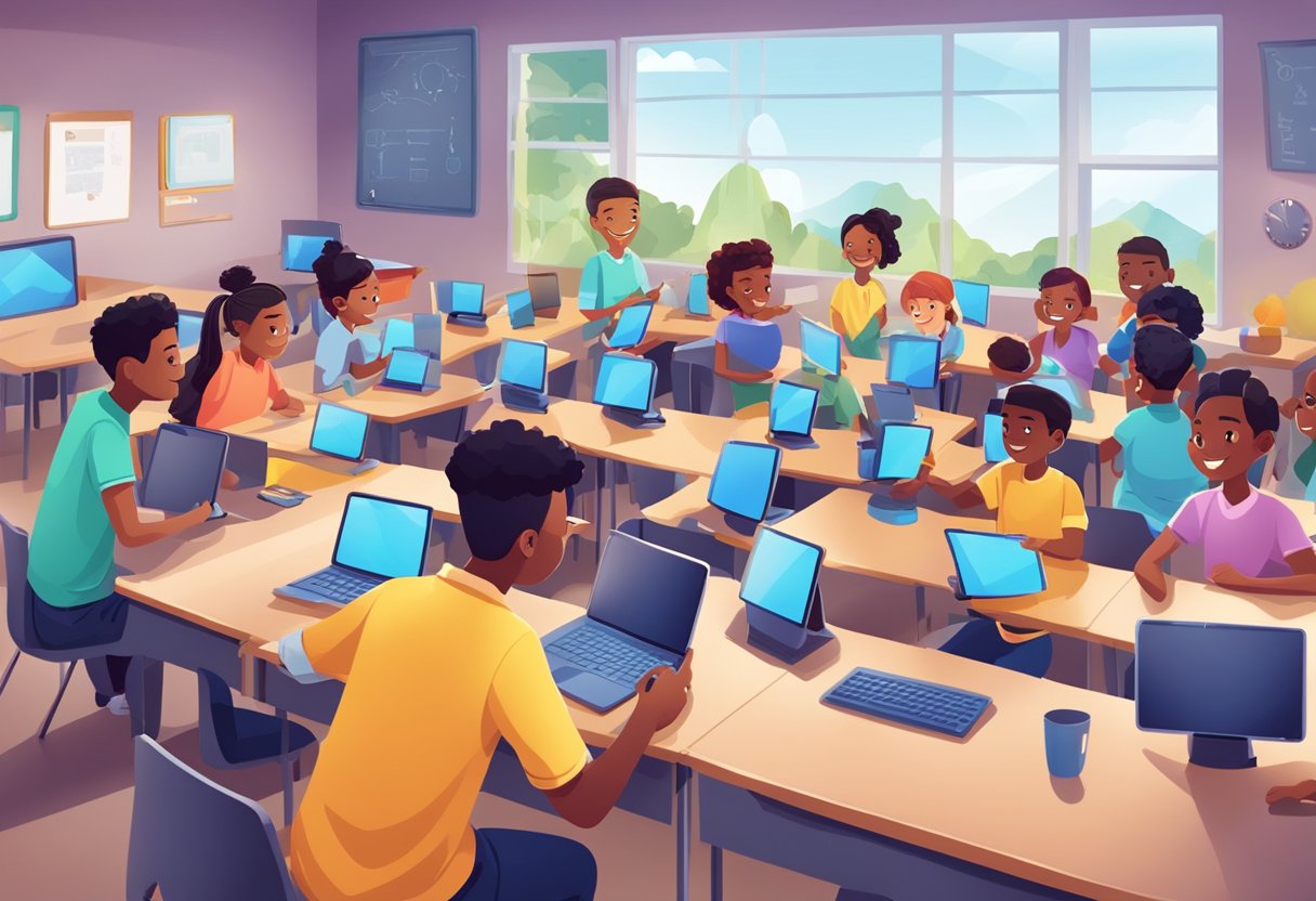 The Benefits of Game-Based Learning Apps in Education: Enhancing Engagement and Understanding Game-Based Learning Apps LearningMole A classroom with students engaged in interactive game-based learning apps on tablets, showing excitement and collaboration in their learning process