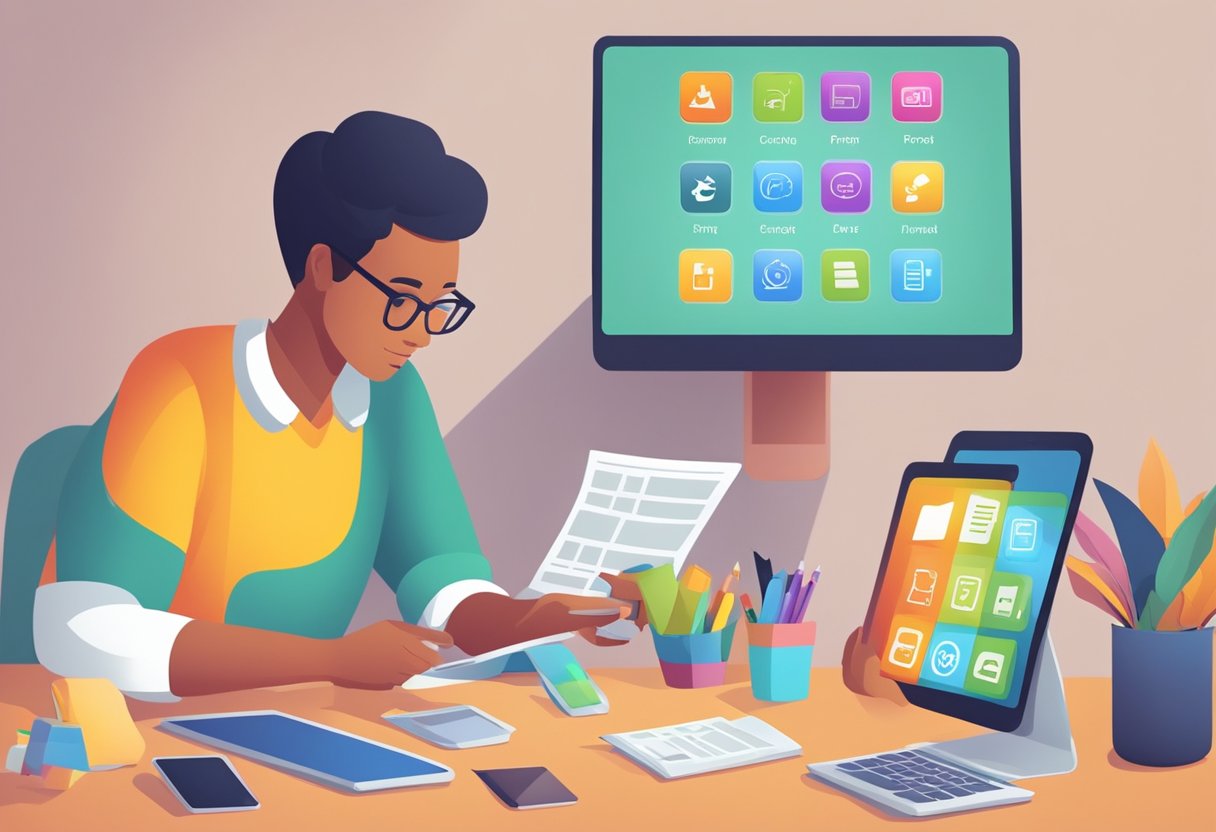 Choosing Safe and Effective Apps for Children: A Parent’s Guide for Digital Playgrounds Apps for Children,Michelle Connolly,classroom,LearningMole LearningMole A parent browsing through a variety of colorful app icons, with some labeled as "free" and others labeled as "paid". They are carefully reading reviews and checking for safety and educational effectiveness