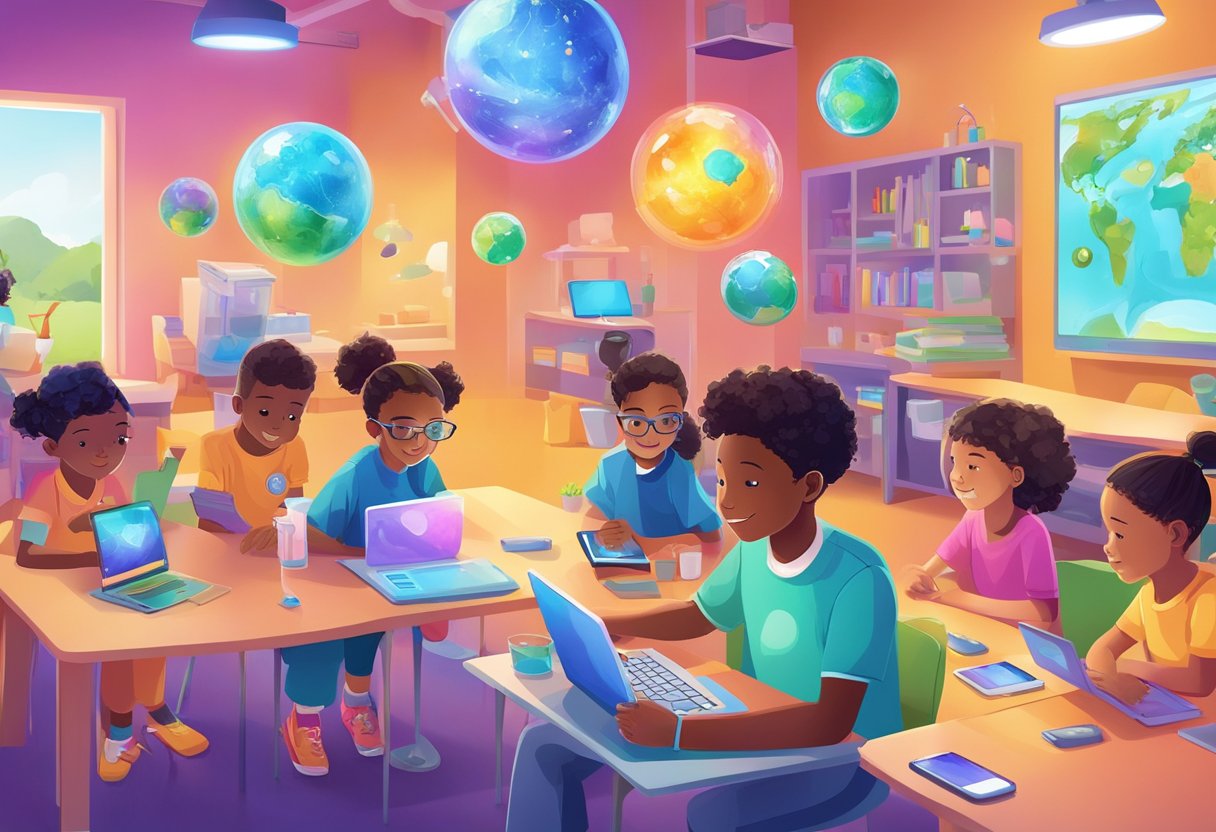Science Exploration Through Digital Platforms: Engaging Apps Tailored for Young Minds Digital Platform,technology,educational apps LearningMole Brightly colored digital devices surrounded by young learners engaging with science-themed apps. A variety of interactive activities and engaging visuals depict the exploration of scientific concepts in a fun and accessible way