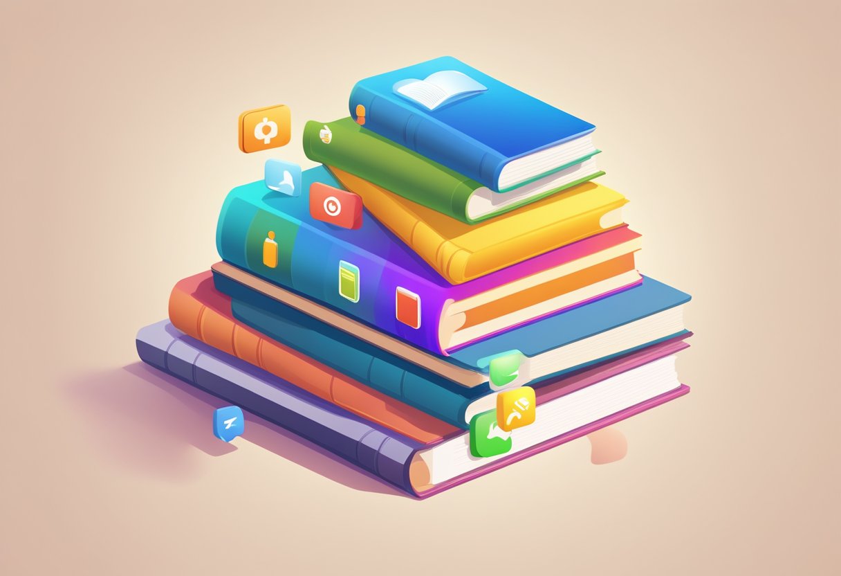 A stack of language learning books with colorful app icons floating above them. A beginner's guide book is open with basic language concepts illustrated