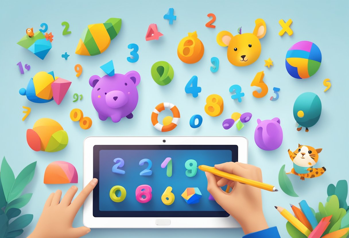 Educational Apps for Enhancing Mathematical Skills in Kids: A Guide to Fun Learning Educational Apps,Mathematic LearningMole Colorful math symbols and numbers float above a tablet screen, surrounded by playful illustrations of animals and objects. A child's hand reaches out towards the screen, eager to engage with the educational apps