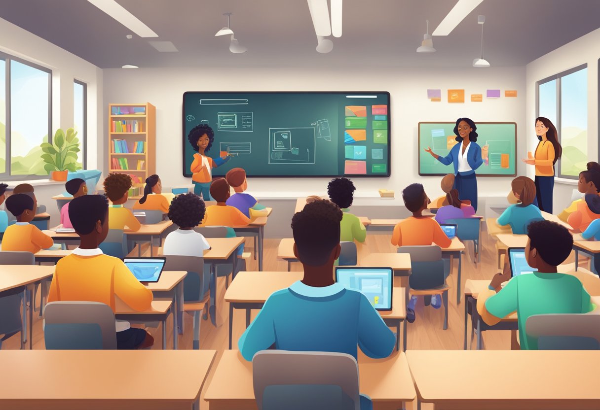 Navigating the World of Learning Apps: An Essential Guide for Teachers Learning Apps,classroom LearningMole A classroom with diverse educational apps displayed on tablets and computers, surrounded by eager students and a teacher guiding the lesson