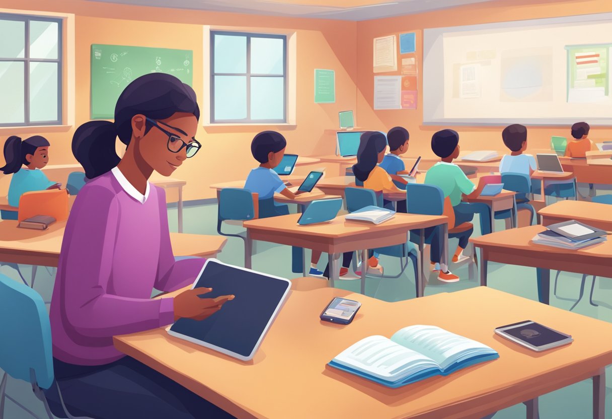 Navigating the World of Learning Apps: An Essential Guide for Teachers Learning Apps,classroom LearningMole A classroom setting with various electronic devices and educational materials scattered around, with a teacher looking through a guidebook on learning apps