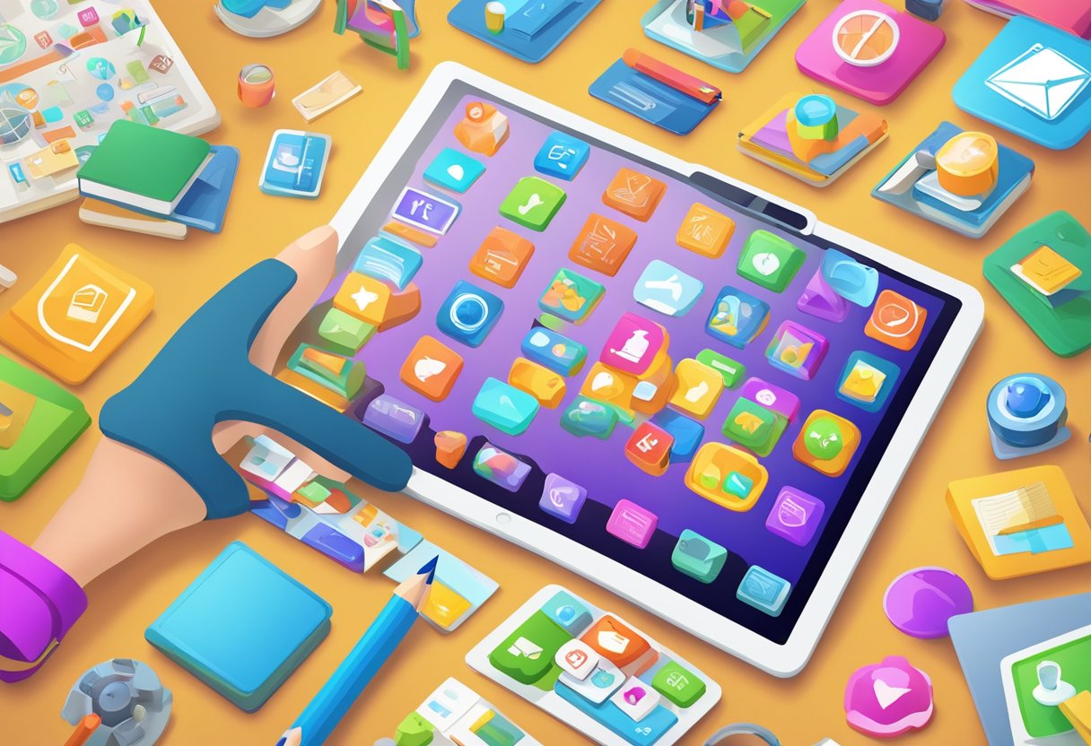Navigating the World of Learning Apps: An Essential Guide for Teachers Learning Apps,classroom LearningMole A colorful array of educational apps surrounds a tablet, with icons representing various subjects and activities. A teacher's hand hovers over the device, ready to explore the world of learning apps