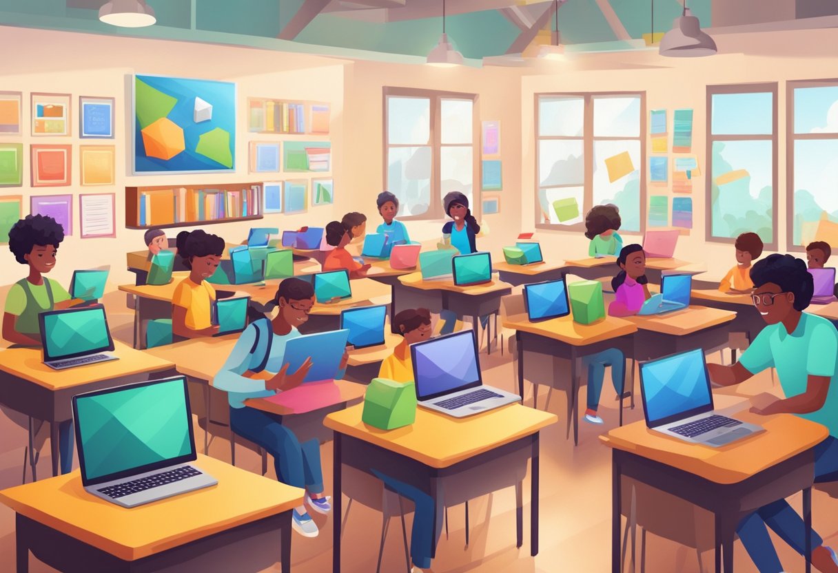 Navigating the World of Learning Apps: An Essential Guide for Teachers Learning Apps,classroom LearningMole A classroom with digital devices and books, surrounded by colorful learning apps. A teacher guides students through the world of digital libraries