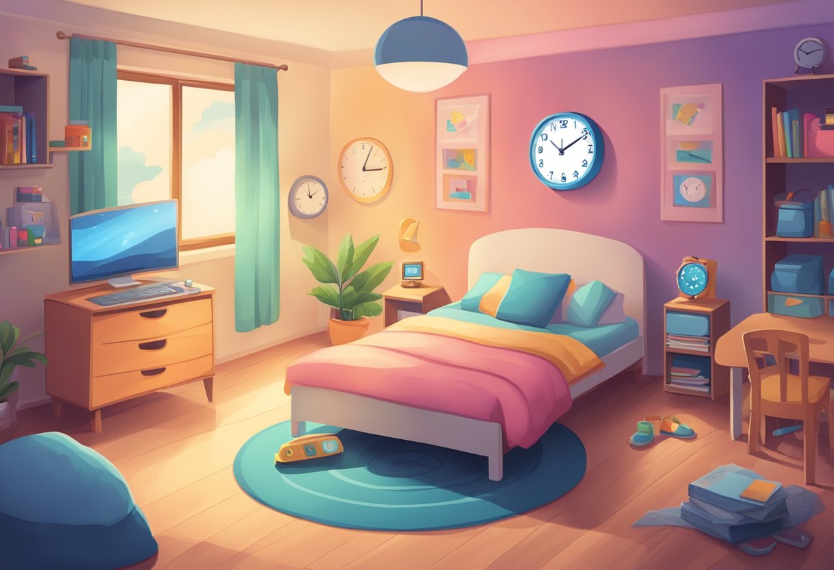 Navigating Screen Time: Essential Strategies for Parents and Educators Screen Time LearningMole A child's bedroom with a digital clock showing bedtime, surrounded by electronic devices and a book on screen time management