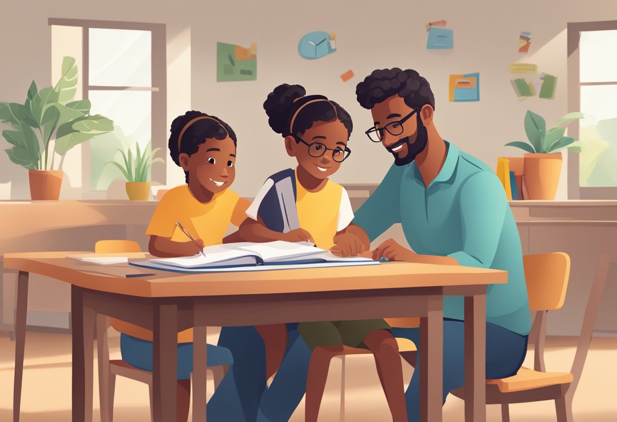 A parent and child sit at a table, working on schoolwork together. The parent is engaged, providing guidance and support, while the child is focused and attentive. The scene depicts a positive and collaborative learning environment