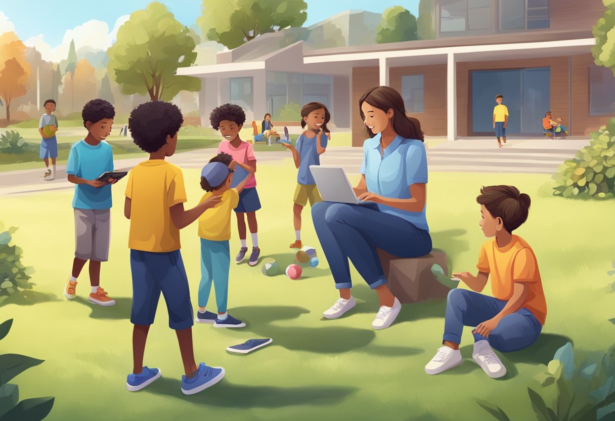 Navigating Screen Time: Essential Strategies for Parents and Educators Screen Time LearningMole A group of children playing outdoors, while a teacher and parent observe, screen time