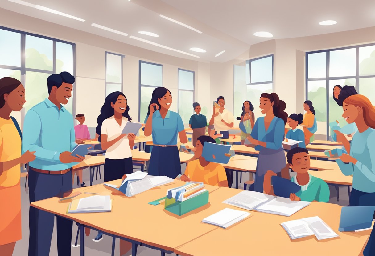 Communication Tools and Techniques for Modern Parent-Teacher Interactions Communication LearningMole A school event is depicted with parents and teachers engaging in open communication using various tools and techniques