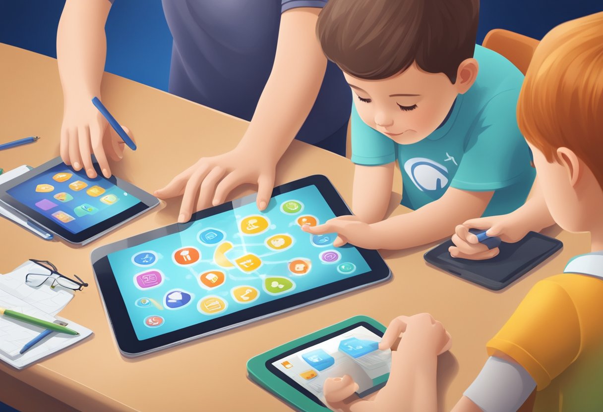 Navigating Screen Time: Essential Strategies for Parents and Educators Screen Time LearningMole A child's hands holding a tablet with a parent and teacher looking on, surrounded by digital devices and screen time