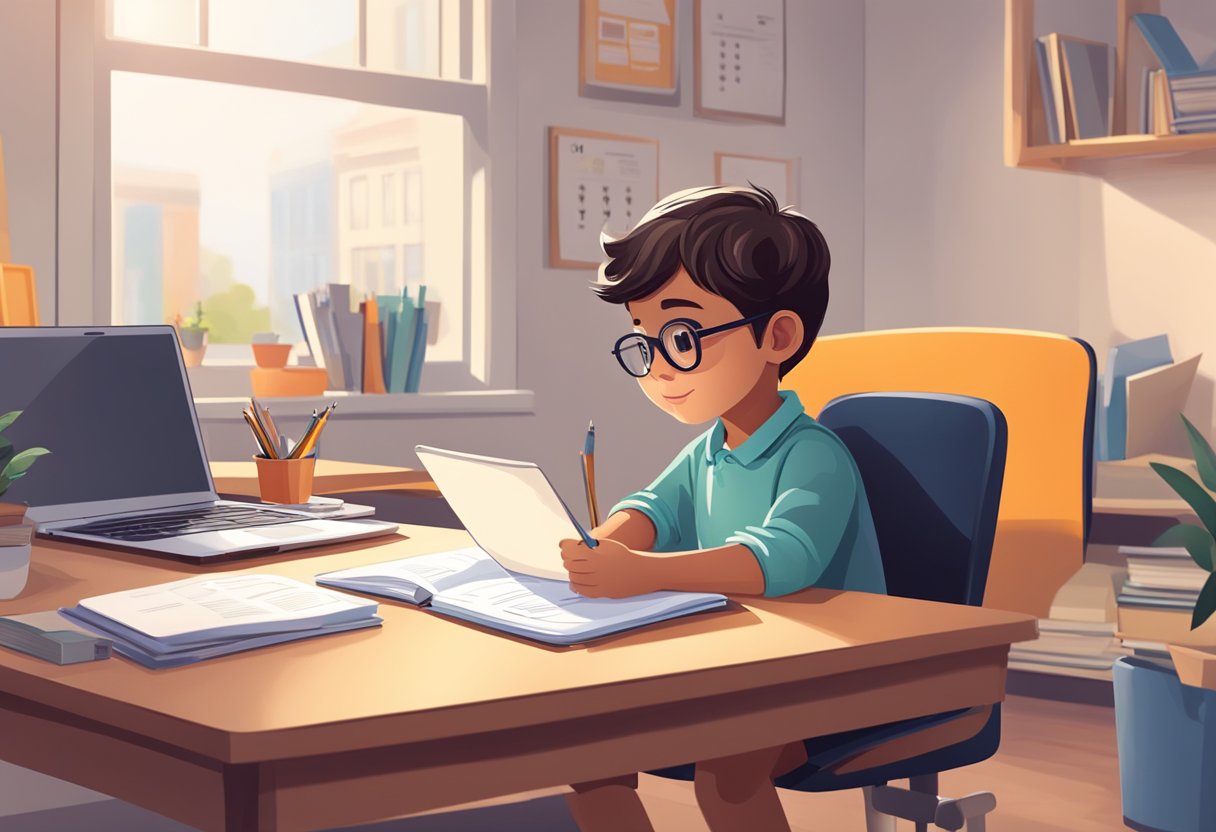A child sits at a desk with a laptop, notebook, and pen. The room is well-lit and organized, with a calendar and study materials nearby