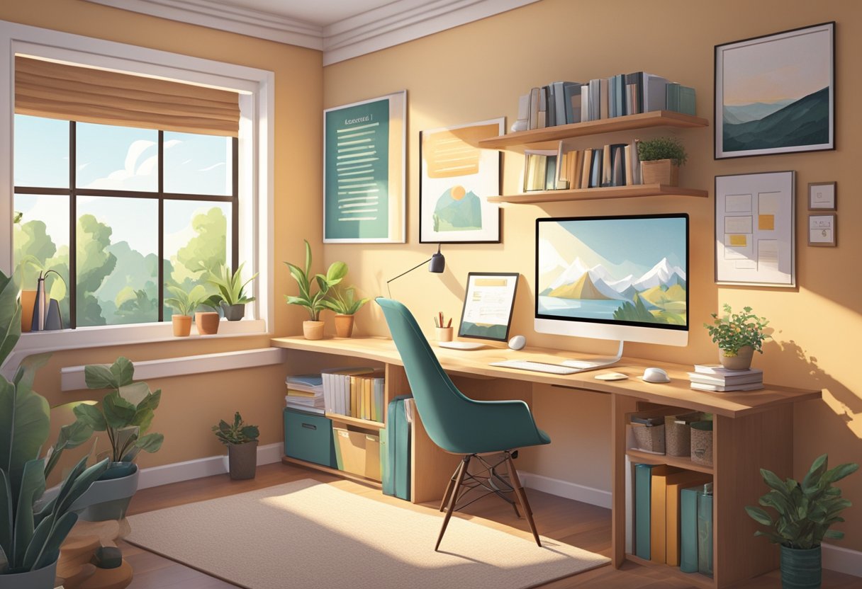 A cozy study area with organized desk, shelves, and digital devices. Natural light streams in through a window, and motivational posters adorn the walls